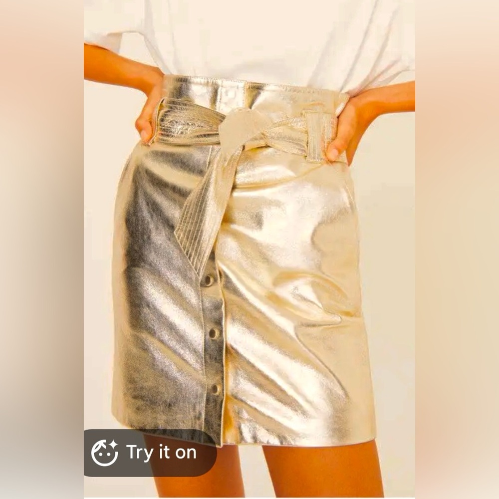 Ba&Sh Pomy Metallized Leather Gold Skirt Wide Belt Loop Snap Grommets Size XS